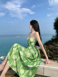 Daiiibabyyy  Suspender dress for women's summer beach vacation beach dress green flower high waisted long dress waist cinched suspender SFEV