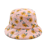 Daiiibabyyy  Women Autumn Winter Printed Plush Bucket Hat Vintage Floral Print Fluffy Hat Korean Warm Fisherman Hats