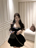 DAIIIBABYYY  -  French Princess Velvet Black Birthday Party Mini Dress Women New Fall Winter Fashion Strapless Diamonds Beads Fluffy Short Dress