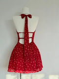 Daiiibabyyy  French Sexy Sweet Elegant Red Dress Women Cute Bow Design Y2k Halter Neck Dress American Retro Beach Style Birthday Party Dress
