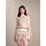 Daiiibabyyy  2 Piece Set Women Outfits Floral Chiffon Halter Shirts Korean Ruffles Patchwork Mini Skirt Summer Fashion Design Matching Sets