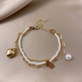 DAIIIBABYYY  -   New Korea Fashion Charm Double Layer Pearl Bracelet for Women Luxury Gold Color Heart Bangle Wedding Bride Jewelry Gift