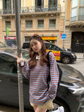 DAIIIBABYYY  -  Korean Women T Shirt 2025 A Niche Contrasting Striped Pullover Spring New American Retro Style Loose Versatile Top