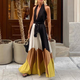 Daiiibabyyy  Summer Casual Pleated Holiday Dresses Printed Patchwork Backless Hollow Out Women's Dress Bohemian High Street Halter Long Dress