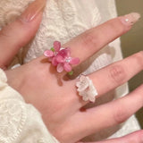 Daiiibabyyy  New Flower Acrylic Ring New Korean Style White Lily Index Finger Ring Elastic Beaded Unique Creativity Fold Women Jewelry Gifts