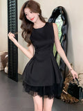 DAIIIBABYYY  -  Black Sleeveless Chic Patchwork Ruffled Ruffled Mini Dress Women Korean Vintage Bodycon Dress Summer Elegant Luxury Dresses