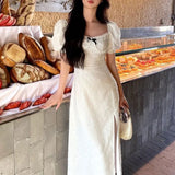 Daiiibabyyy  Aura French Style Square Collar Bow Midi Dress Summer Puff Sleeve Women's Clothing Stylish Jacquard Weave A-Line Lace Dresses