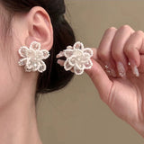Daiiibabyyy  Zircon Imitation Pearl Flower Earrings New Y2K Sweet High-End Earrings French Camellia Light Luxury Unique Temperament Earrings