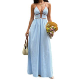 Daiiibabyyy  Women Deep V Neck Color Blocked Striped Vacation Dress Summer Backless Sleeveless Hanging Neck Beach Straps Leisure Long Skirt