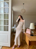 Daiiibabyyy  French Vintage Women Beige Elegant Square Neck Fishtail Evening Party Dresses Autumn Long Sleeve Vacation Pleated Wrap Hip Dress