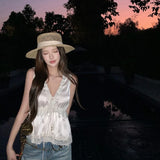 Daiiibabyyy  French Style Satin Ruffles Sweet Vests V Neck Lace Up All-match Slim Tanks Korea Chic Ins Sexy Pure Desire Spice Camis