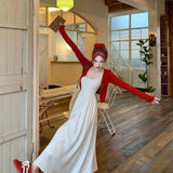 DAIIIBABYYY  -  Fashionable Open Cardigan Waist Cinched Strap Dress Women's Summer Gentle Wind Two-Piece Set Slimming Knee-Length Skirt