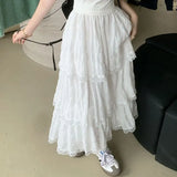 Daiiibabyyy  Basic Solid Color Lace Patchwork Long Skirts Spring Summer Aura Korean Women's Clothing High Waist Elastic Stylish Folds Skirts