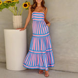 Daiiibabyyy Women Fashion Boho Colorful Spaghetti Strap Dress Summer Vacation Beach Long Sundress Striped Flowy Cami Maxi Dress Vestidos
