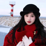 DAIIIBABYYY  -  High Quality Australian Wool Black Top Hats for Women Autumn Winter Casual Versatile Retro French Elegant Socialite Berets Cap