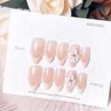 Daiiibabyyy  10pcs Handmade Nude Press-On Nails - 3D White Flower & Gold Studs Decor, Elegant Romantic Nail Supplies