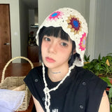 DAIIIBABYYY  -  Bohemian Mori Women's Hats Ins Korean Version Spring and Summer Vacation Bucket Hat Handmade Flower Fresh Crochet Beanies