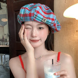 DAIIIBABYY  -  Retro Contrasting Color Plaid Berets for Women Show Face Small Spring Summer Japanese Casual Versatile Literary Painter Hats