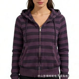 Daiiibabyyy  Women's Long Sleeve Zip-Up Hoodie with Drawstring Hood, Striped Purple Black Stripes, Ribbed Cuff and Front Pocket Casual