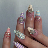 Daiiibabyyy  24pcs Y2k Almond Fake Nails Colorful Stripes French Style False Nail Metal Star Pearl Decor Press On Nails Spicy Girl Manicure