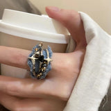 Daiiibabyyy  Y2K Starry Beads Opening Rings for Women Heart Three Layer Denim Rings Adjustable Metal Cross Zircon Ring Jewelry Music Festival