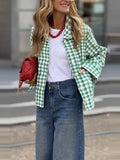 Daiiibabyyy  Autumn Fashion Lapel Collar Loose Short Coat Winter Elegant Plaid Print Jacket Button Commuter Women Casual Long Sleeve Cardigan