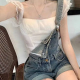 Daiiibabyyy  Women's Clothing Fashion Button Demin Overalls Pockets Spliced Summer New Vintage Straight Basic Wide Leg Rolled Edge Jumpsuits