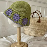 Daiiibabyyy  Crochet Floral Panama Fisherman Bucket Hat Women's Spring Summer Sun Protection Outdoor Travel Breathable Foldable