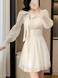 DAIIIBABYYY  -  Elegant Long Sleeve Evening Dresses for Women Solid Bow Lace-up A-Line Party Prom Mini Dress Autumn French Female Chiffon Outfit