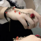 Daiiibabyyy  Lolita Gothic Crystal Finger Bracelet for Women Baroque Rose Lace Bracelet with Finger Ring Charm Vampire Hand Jewelry Pulseras