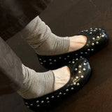 Daiiibabyyy  Genuine Leather Retro Rivet Split-toe Horseshoe Shoes Women Pumps Ballet Style Fashion Tabi Low Heeled Casual Loafers Lazy Shoes