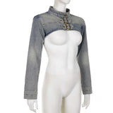 DAIIIBABYYY  -  Y2K Cropped Denim Jacket Women Vintage 90S Sexy Long Sleeve Jeans Coats Summer Gyaru Harajuku Streetwear Design Outerwears