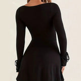 Daiiibabyyy  Autumn New Style Chic Sexy Square Neck Long Sleeve Lace-up High Waist Bodycon Solid Color Slit Mini Dress Casual Streetwear