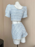 Daiiibabyyy Elegant Chic Vintage Tweed Sets Women Outfits Puff Sleeve Double Breasted Cropped Tops + Asymmetrical Mini Skirt Two Piece Suits