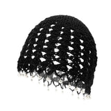 Daiiibabyyy  Casual Sweet Crochet Hollow Knitted Hat Beads Tassels Bohemian Style Knit Beanies Korean Handmade Weave Cap Outdoor