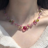 Daiiibabyyy  Cute Y2K Cartoon Resin Cherry Fruit Flower Pendant Bead Choker Necklace For Girls Harajuku Aesthetic Charm Jewelry Accessories