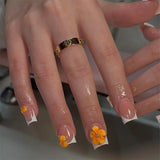 24Pcs Short Square Head Fake Nails Press on White French 3D Flower Design False Nail Detachable Artificial Full Cover Nails Tips