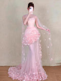 Daiiibabyyy  Pink Long Wedding Dresses Women Tulle Flowers Strapless Pleat Mermaid Formal Prom Party Dance Bridal Evening Dresses
