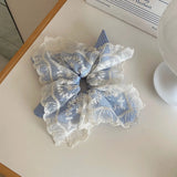 Daiiibabyyy  Girl,s Cute Scrunchies Blue Checkered Lace Double Piece Handkerchief Hair Band Hair Tie Korean Style Hair Tie New Hair Accessory