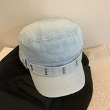 DAIIIBABYYY  -  Korean Retro Rivet Denim Flat Top Newsboy Cap Spring and Autumn Niche Fashion Washed and Made Old Y2k Trend Beret Hat for Women