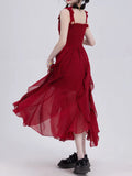 Daiiibabyyy Red Long Dresses Women Summer Spaghetti Strap Dress Female Korean Fashion Pleated Dress Ladies Irregular Ruffle Split Vestidos