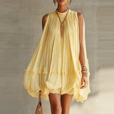 Daiiibabyyy  Elegant O-neck Solid A-Line Summer Dress Fashion Hight Waist Sweet Style Party Dresses Short Sleeve Pleated Mini Dress For Women