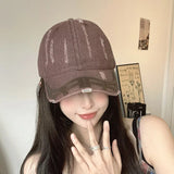 DAIIIBABYYY  -  New Washed Cotton Baseball Cap Unisex Hip Hop Street Sun Hat Outdoor Soft Top Distressed Letters Denim Peaked Cap