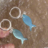 Daiiibabyyy  Y2K Blue Small Fish Pendant Earrings for Women Fashion Sweet Crystal Asymmetric Ear Buckle Seaside Vacation Jewelry Accessories