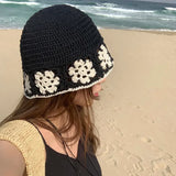 Daiiibabyyy  Crochet Floral Panama Fisherman Bucket Hat Women's Spring Summer Sun Protection Outdoor Travel Breathable Foldable