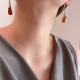 Daiiibabyyy  Simple Coffee Color Resin Water Drop Long Dangle Earrings for Women Femme Silver Plated Metal Hooks Casual Holiday Jewelry
