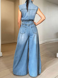 DAIIIBABYYY  -  Solid Spliced Button Minimalist Denim Jumpsuits for Women Lapel Sleeveless High Waist Casual Jumpsuits Female Fashion New