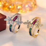 Daiiibabyyy  Small Square Stone Rainbow Zircon Double Butterfly Rings For Women Gold Silver Color Wedding Bands Engagement Party Jewelry Gift