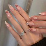 Daiiibabyyy  24Pcs French White Gradient Almond Press on Nails Flower Pattern False Nails with 3D Rhinestone Design Fake Nail Art