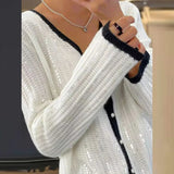 DAIIIBABYYY  -  Female V-neck Single Breasted Cardigan New Autumn Sequined Long Sleeved Loose Sweater Elegant Solid Color Commuting Sweater Coat